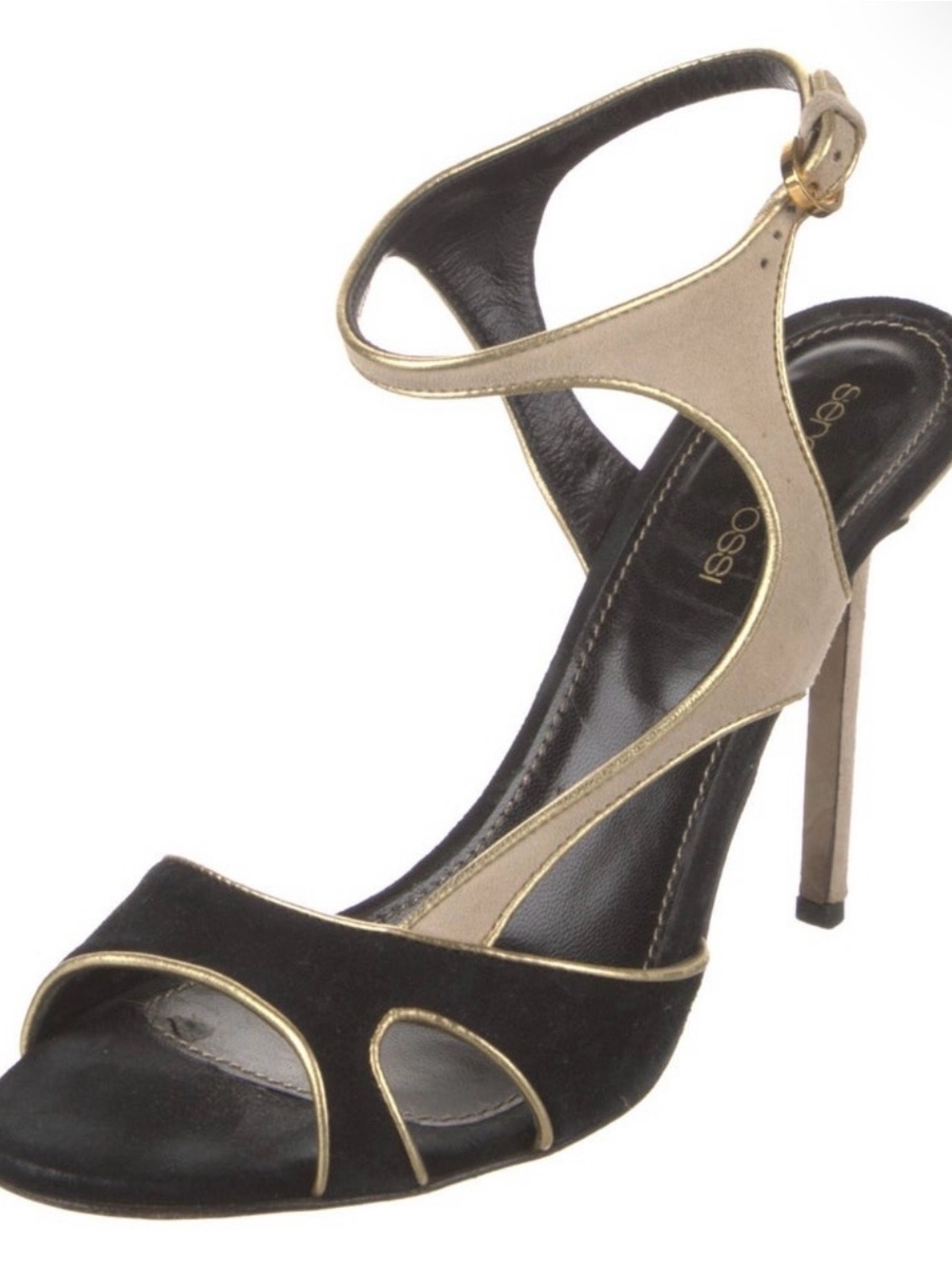 Black and Gold Open-Toe Stiletto Sandals